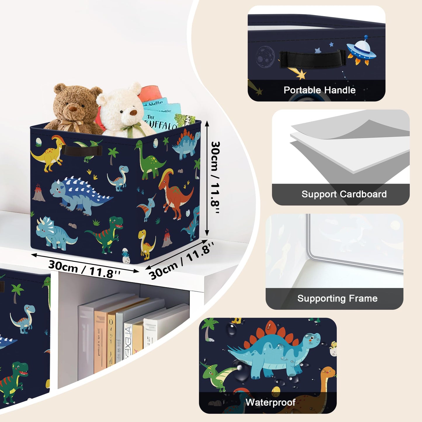 Clastyle 3 pcs Dinosaur Cube Storage Boxes for Shelves Kallax Boxes