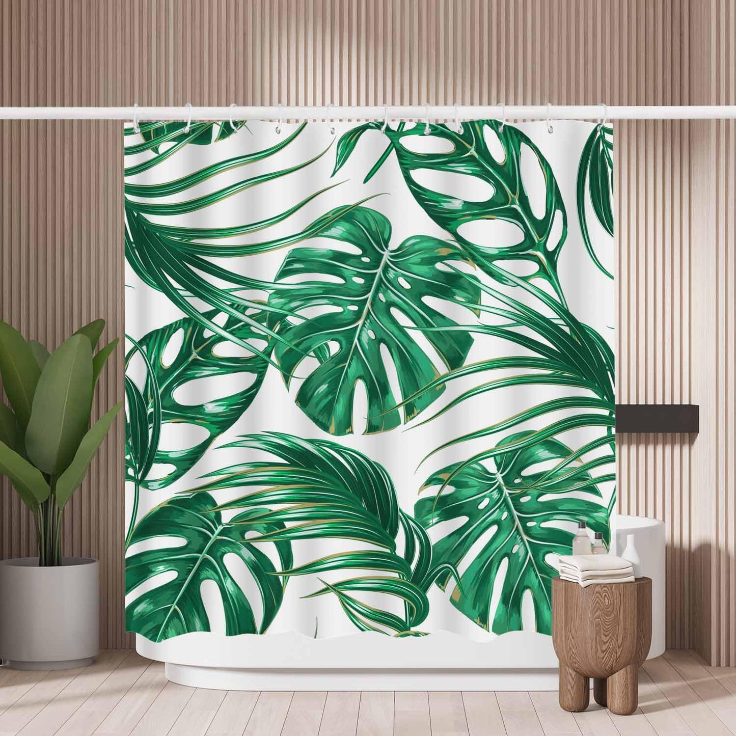 Woutay Shower Curtain Water Repellant Fabric Tropical Palm Leaves,Mould Proof Resistant,Polyester,with 12 Plastic Hooks