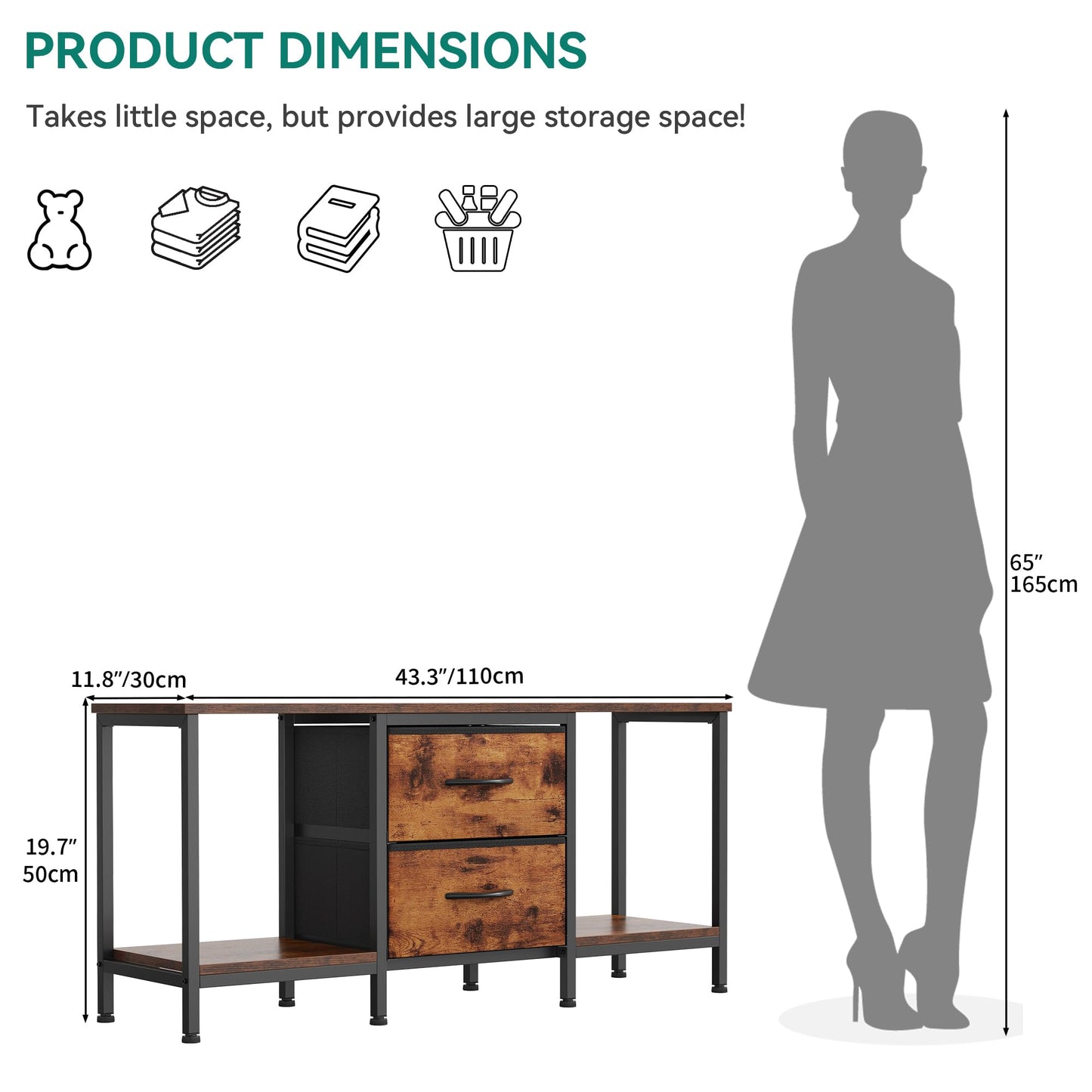 YITAHOME TV Stand, TV Cabinet up to 47 Inch, TV Unit with 2 Fabric Drawers and 2 Open Shelves, 110 x 30 x 50cm Chest of Drawers for Living Room