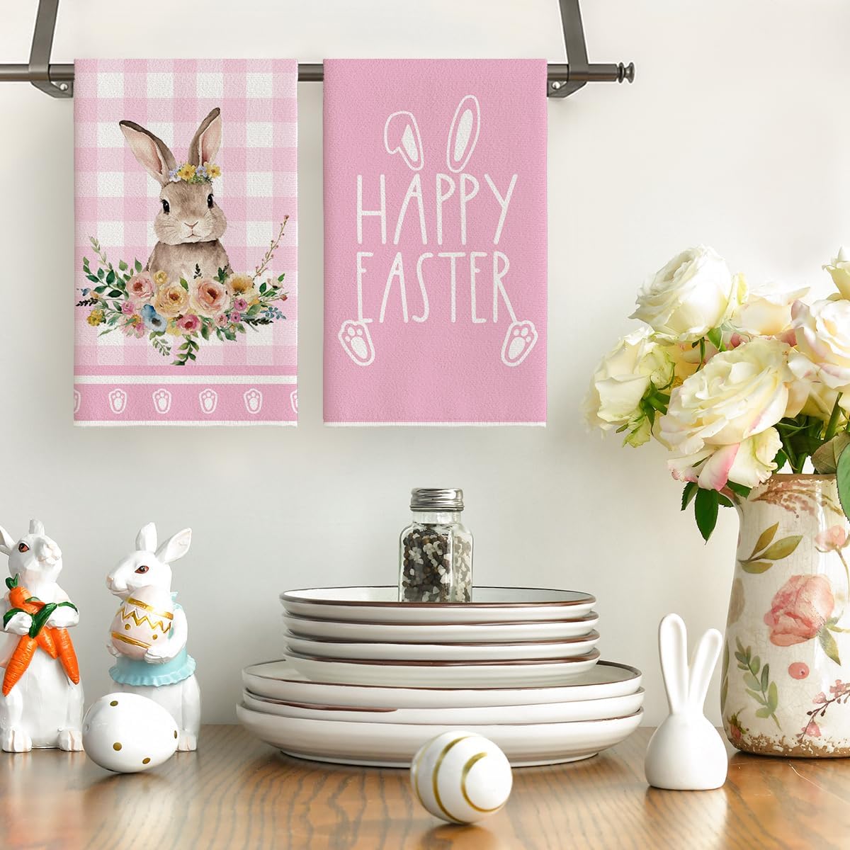 Artoid Mode Pink Buffalo Plaid Flowers Rabbit Happy Easter Kitchen Towels Dish Towels, 42x65 cm Spring Polyester Decoration Hand Towels Set of 2