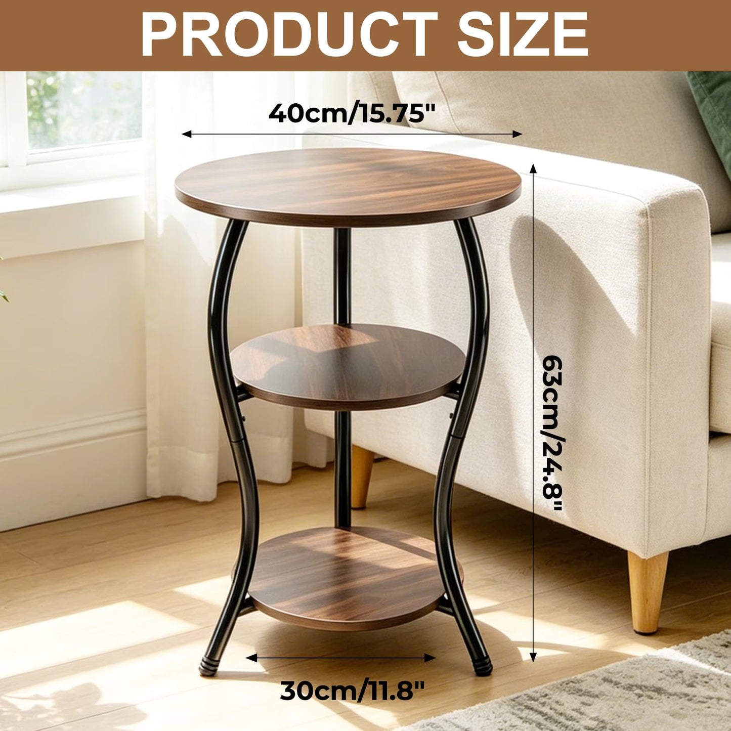3 Tier Round Side Table 40cm Slim Round Coffee Table Vintage, Round Small End Table with Wooden Storage Shelves