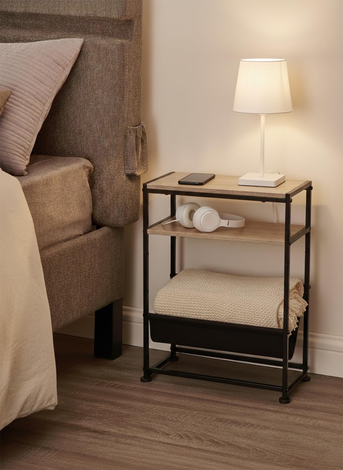 ZEXVIDA Small End Table for Small Spaces - Slim Side Table with Magazine Holder,2 in 1 Design Narrow End Table Living Room,Skinny Bedroom Nightstand