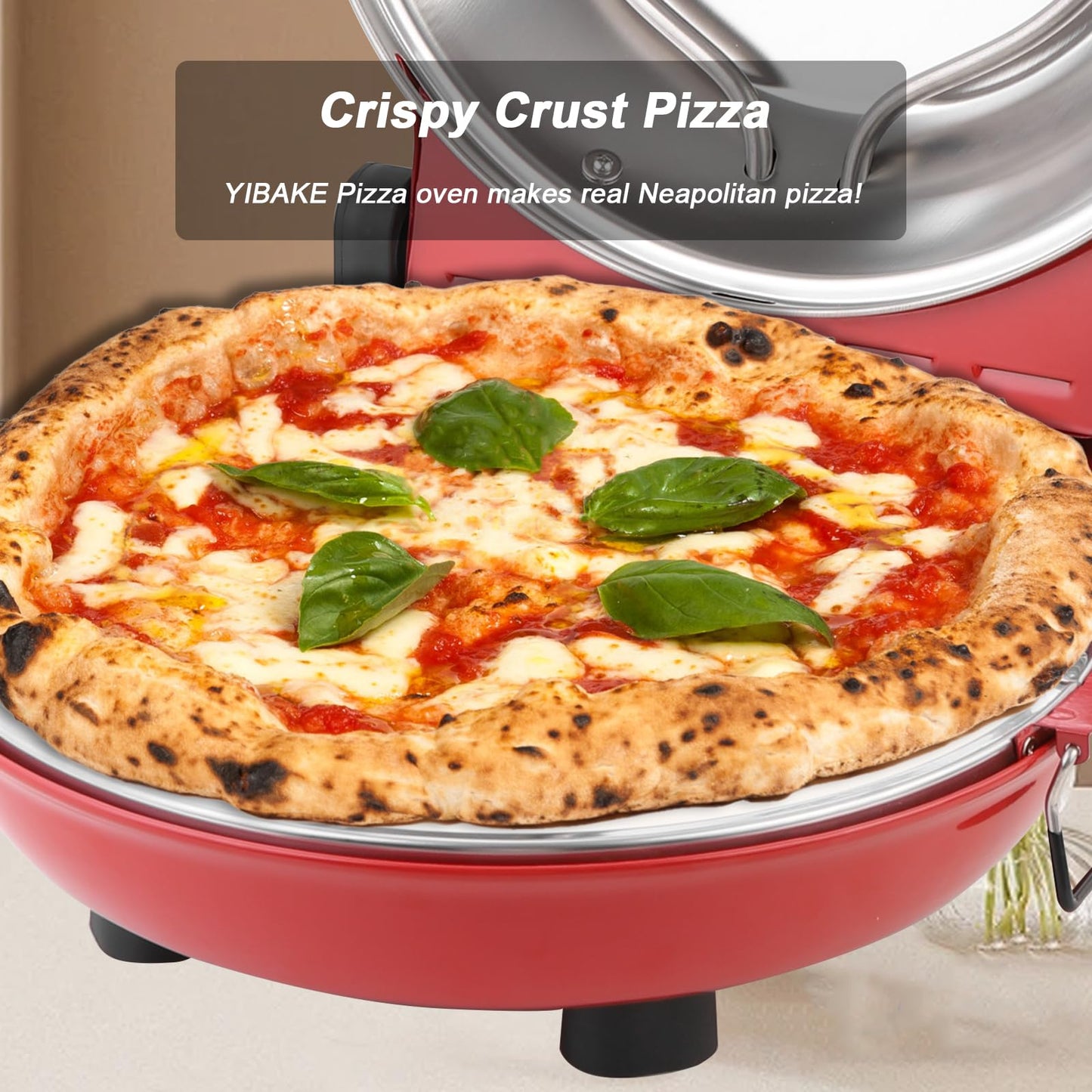 YIBAKE Pizza Maker Electric, 4-Min-Pizza in 1200W Pizza Oven, 31cm Refractory Stone Plate, Max 420 Pizza Maker with 5 Cooking Levels, inkl. Pizza