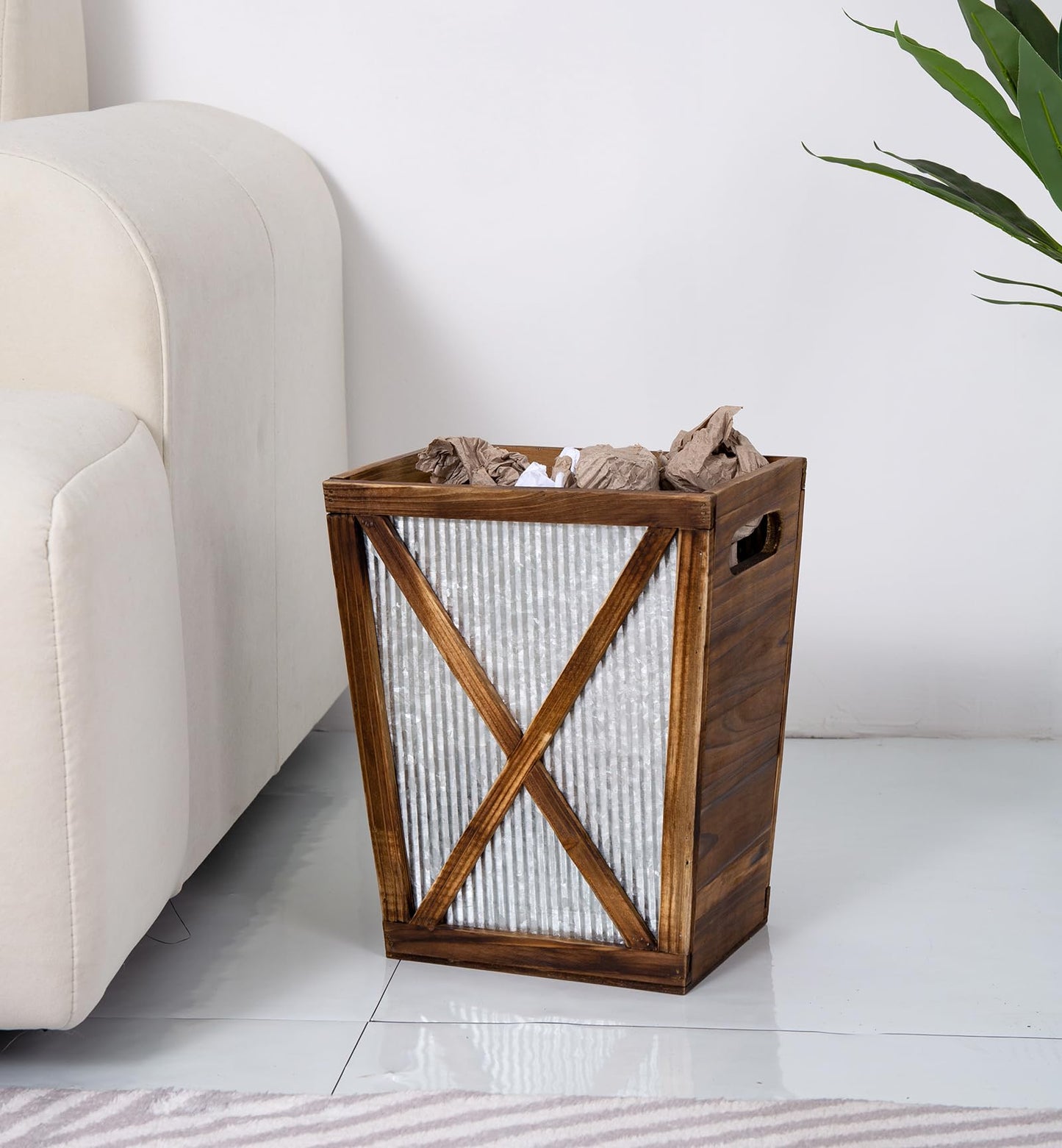 Venalys Small Wood Trash Can Wastebasket, Decorative Barn Door Garbage Can Waste Basket, Rustic Distressed Rectangular Trash Bin