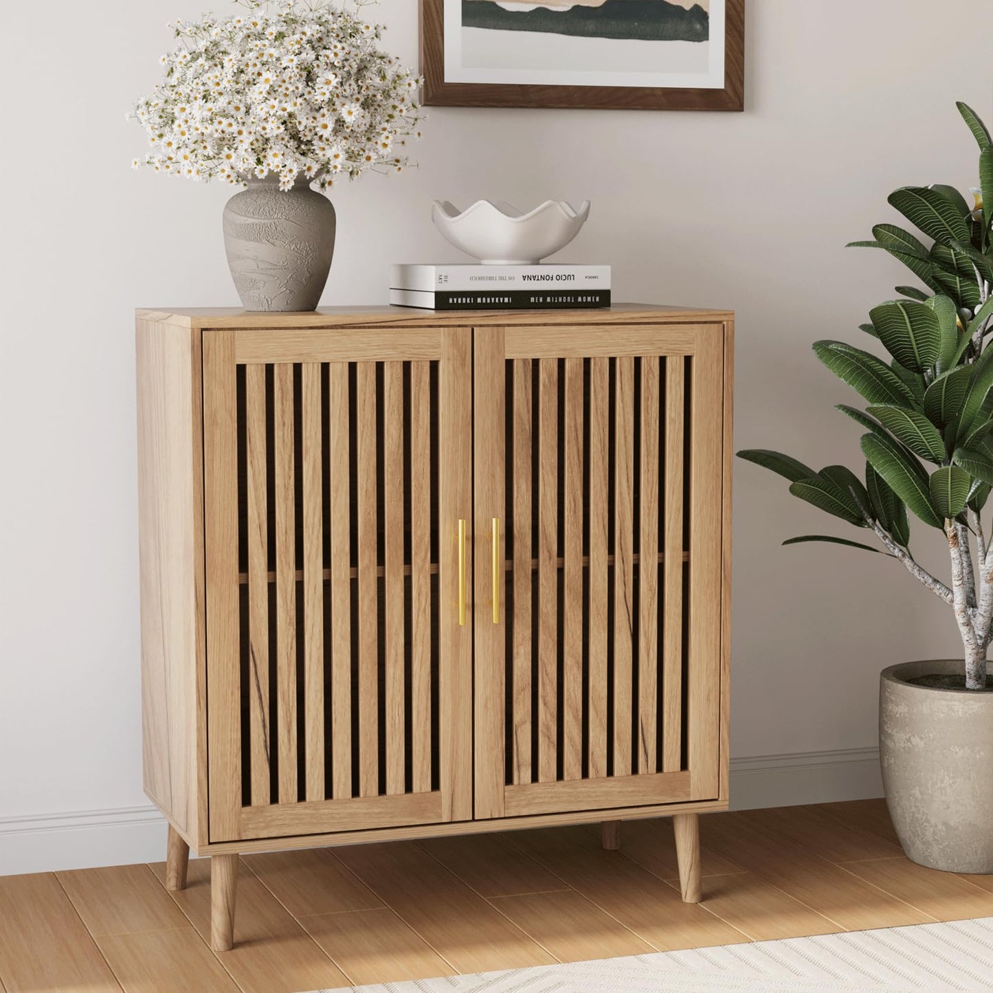 Smart FENDEE Sideboard Cabinet, Farmhouse Buffet Cabinet with Slatted Doors & Adjustable Shelf, Coffee Bar Storage Cabinet for Kitchen, Dining Room