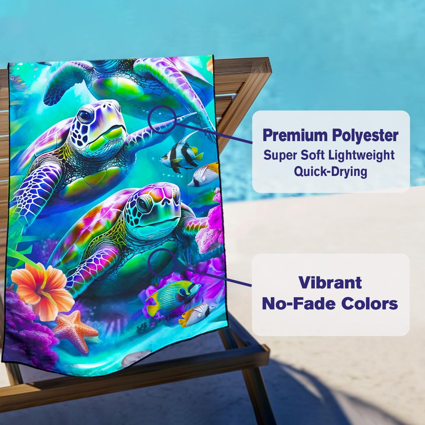 Violetpos Coral Reef Sea Turtle Group Beach Towel, Extra Large 180x90 cm 250GSM Microfibre, Sand Free Quick Dry