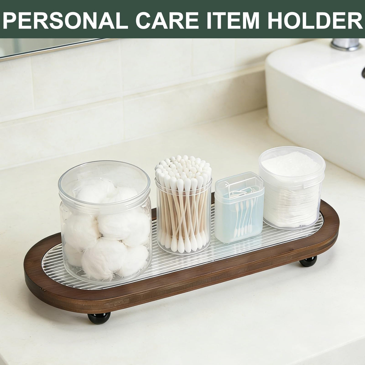 Decorative Serving Tray with Wood Frame and Embossed Clear Acrylic Insert, Oval Shape with Ball Feet, 30x11x3.5cm Stripe