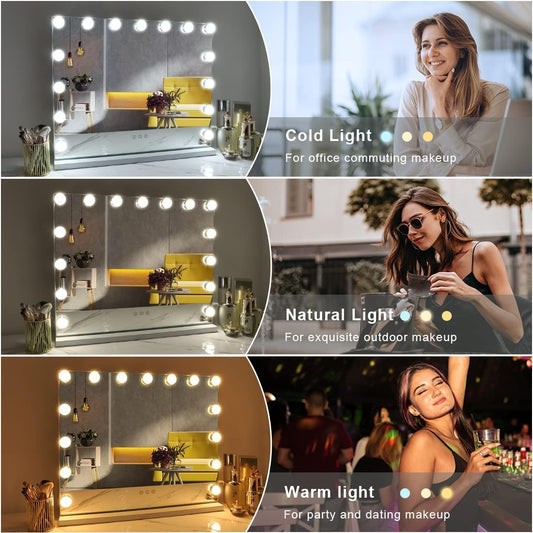 FENCHILIN Hollywood Vanity Cosmetic Mirror For Makeup with Lights, Type-C and USB Output Port, 15 Bulbs 3 Lighting Modes Tabletop and Wall Mounted