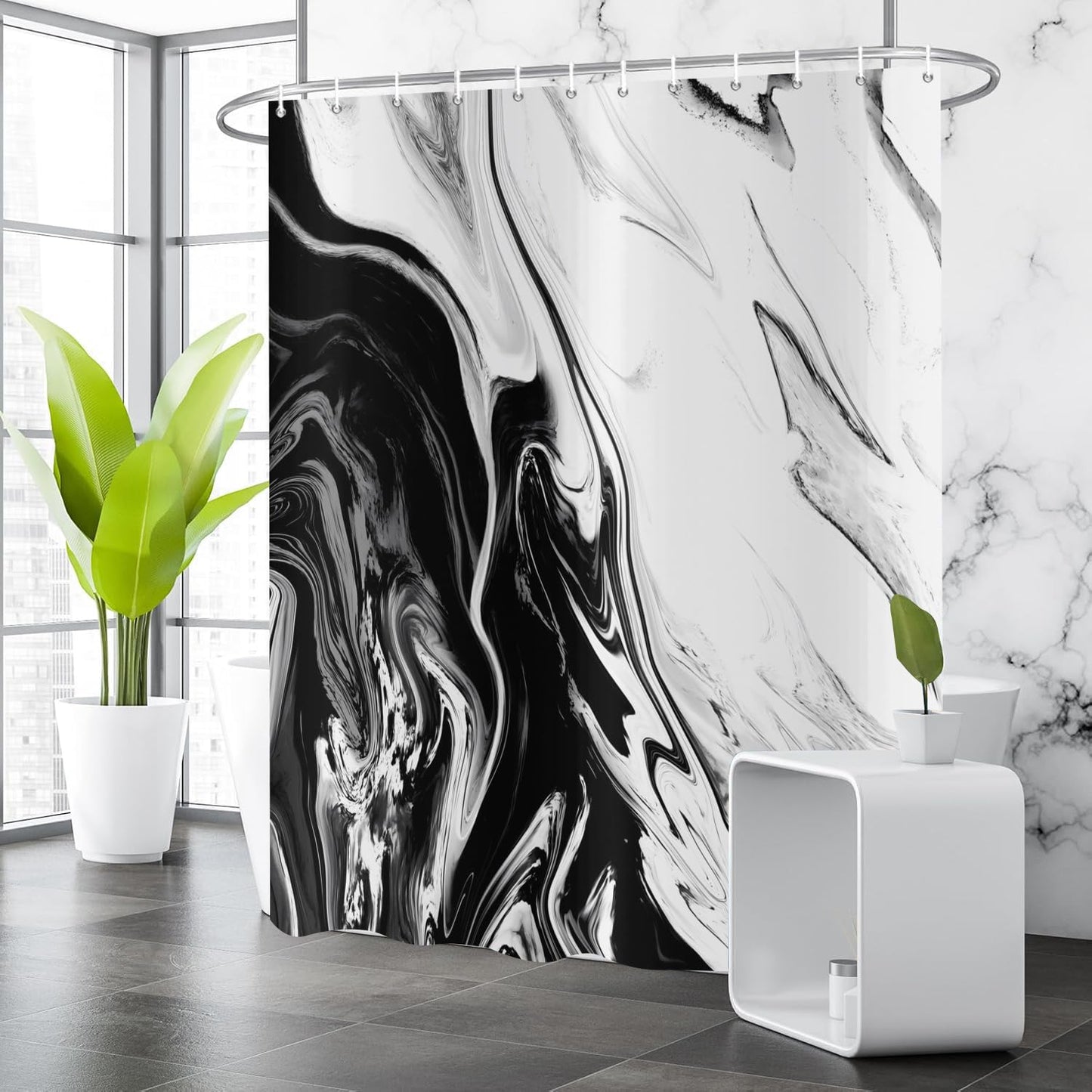 GCIREC Shower Curtain, 180x200cm, Black White Texture Ink Marble Modern Art Waterproof Fabric Machine Washable Bathroom Curtain with Hooks