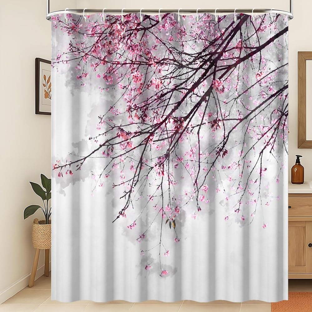 Xiaoterna Spring Shower Curtain Cherry Blossom Shower Curtain Red Plum Floral Bathroom Curtain Chinese Oriental Ink Painting Floral Shower Curtain