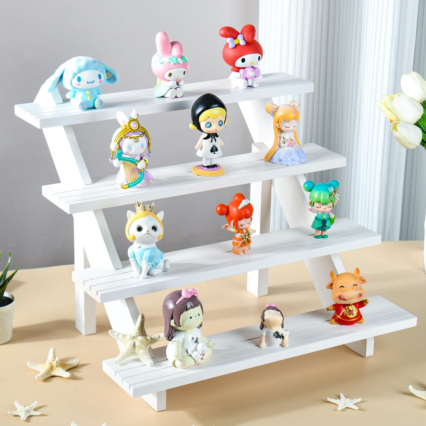 LEXFUNN Wooden Jewellery Display Rack Stand Earring Stall Stand Organizer Shelf 3/4 Tier (4 Tier - White)