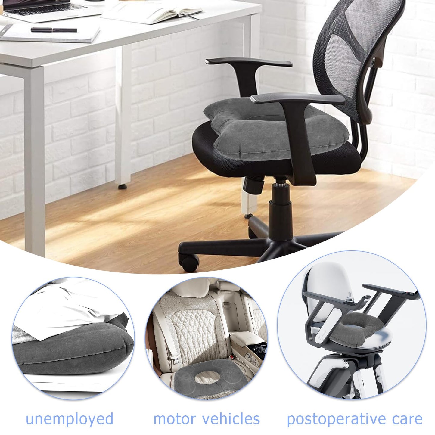 YHNDECO Orthopaedic Inflatable Seat Cushion, Hemorrhoid Seat Cushion, Ergonomic Coccyx Cushion for Wheelchairs, Office Chair, Anti-Hemorrhoids (Grey)