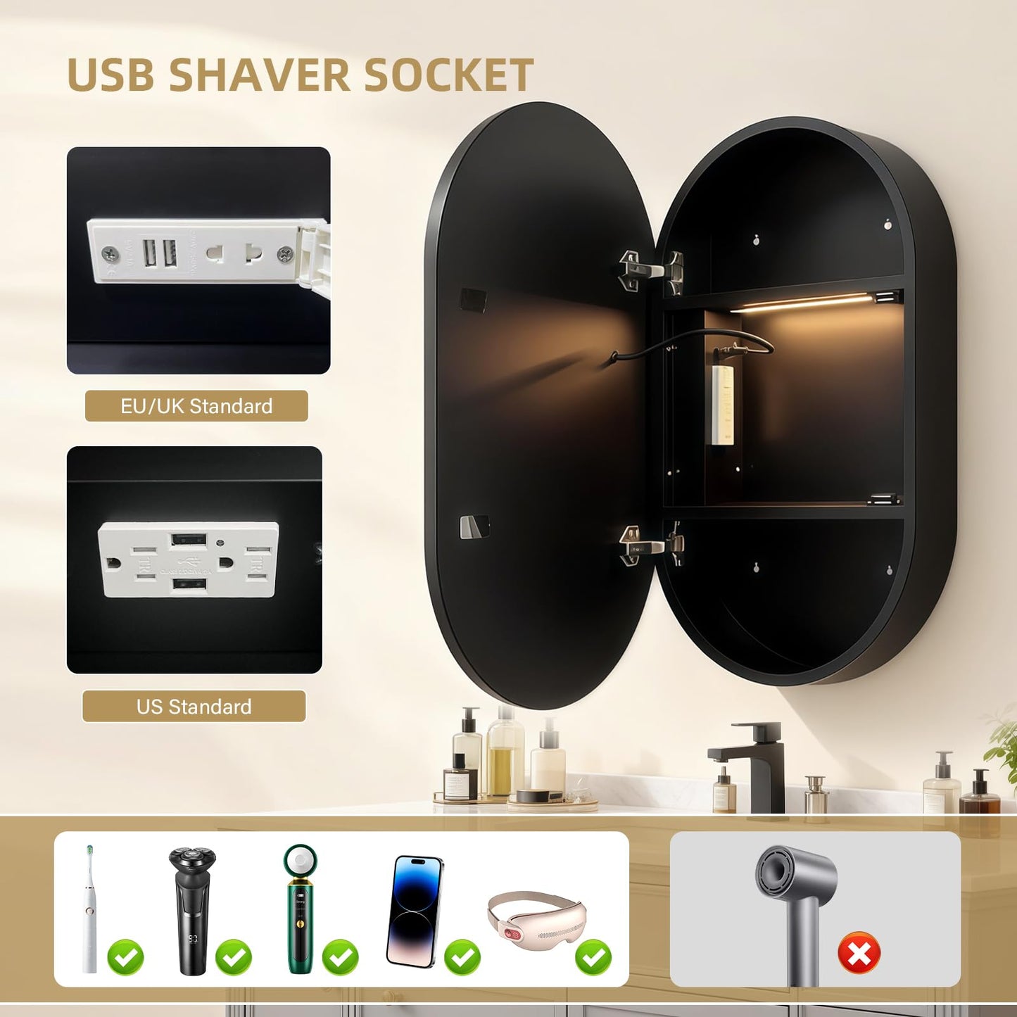 Janboe Capsule Shape Mirror Cabinet with Light,LED Mirror Cabinet,USB Shaver Socket,Internal Light,Steel with Powder Coating,Soft Closing