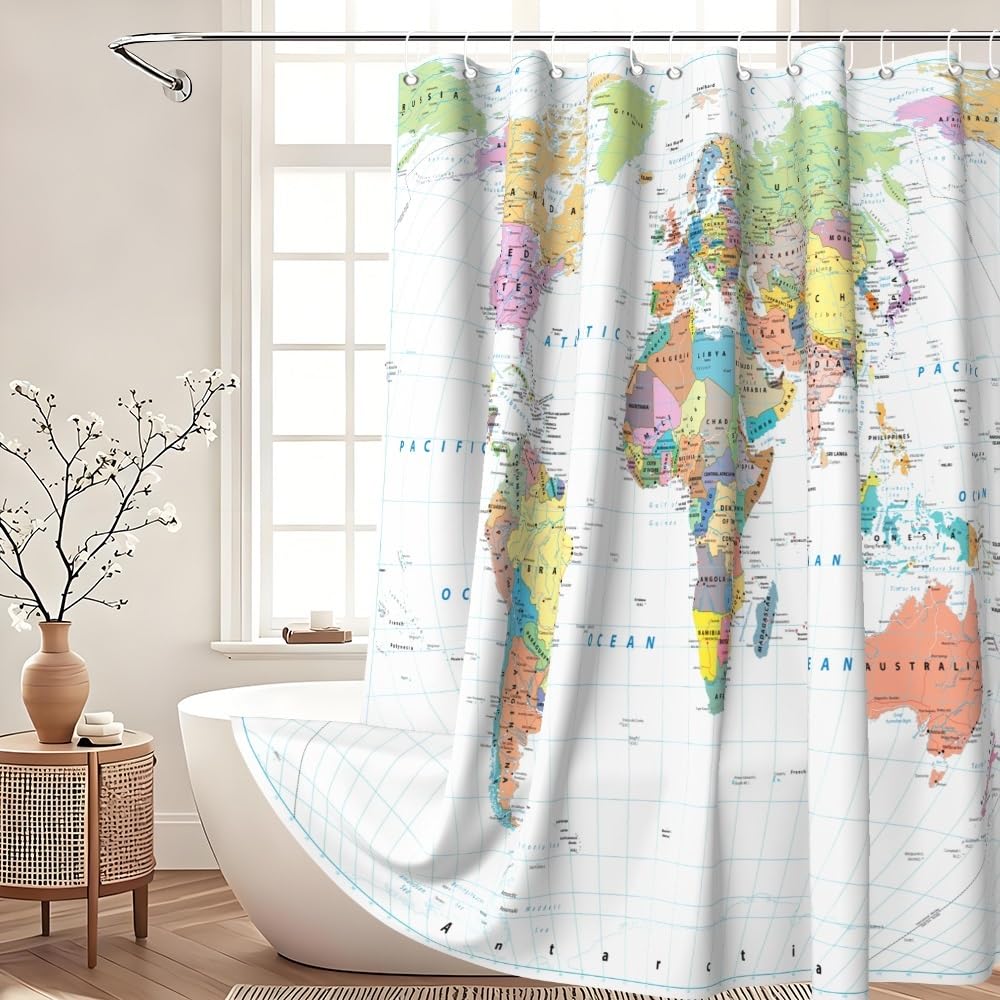 Xiaoterna World Map Shower Curtain Colorful Nautical Map Ocean Bathroom Curtain White Coastal Ocean Shower Curtain for Bathroom Machine Washable