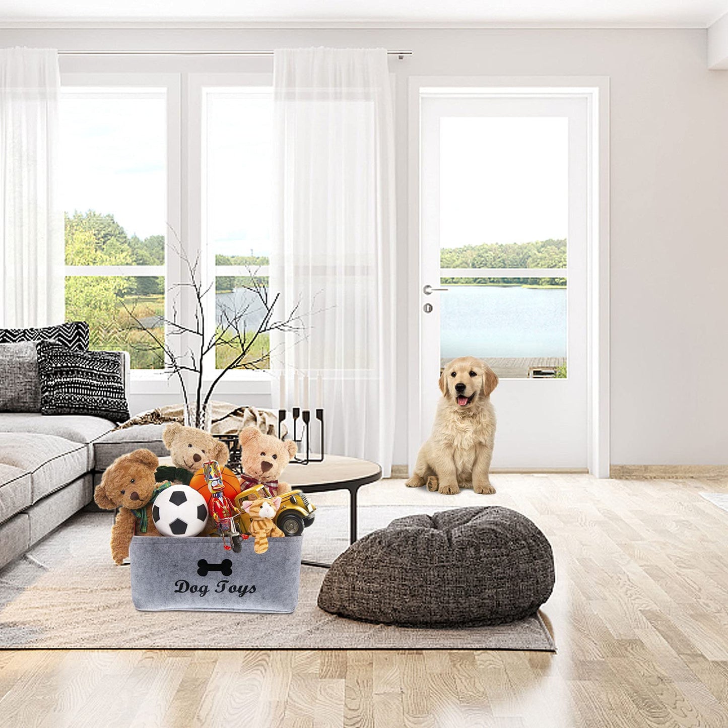 VILLCASE Dog Toy Storage Bin 15.33 x 10.61 x 6.29 In Grey Felt with Wooden Handles – Foldable Space-Saving for Pet Toy Organization – for Living Room