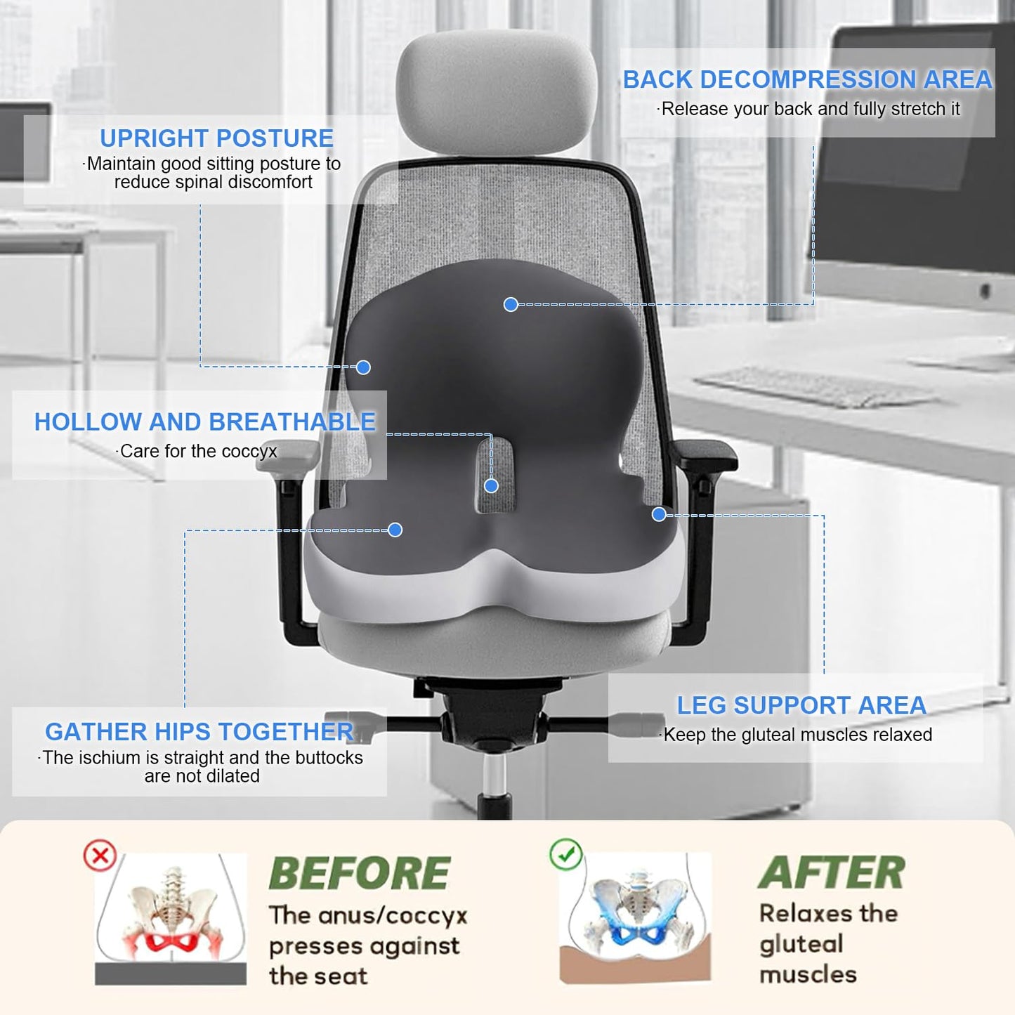 Gresonic Ergonomic Memory Foam Seat Cushion, For Office, Car, Gaming & Dining Chairs, Sciatica, Tailbone & Coccyx Pain Relief