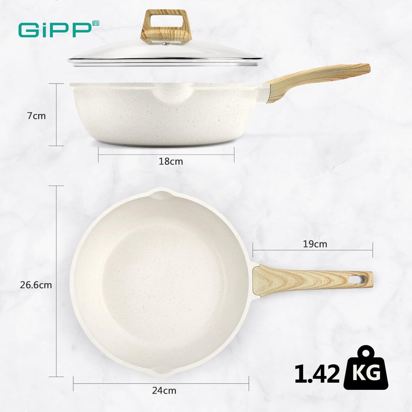 GiPP Nonstick Deep Frying Pan - 2.6L White Granite Saute Pan with Lid, Pour Spout and Stay-Cool Handle, Non Stick Skillet Non Toxic Cooking Pan