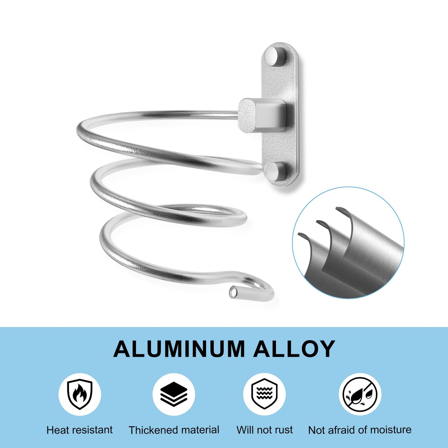 OlBuWa Hair Dryer Holder Aluminum for Hair Dryer Storage Spiral Holder Bathroom Shelf for Washroom Supplies (Silver)