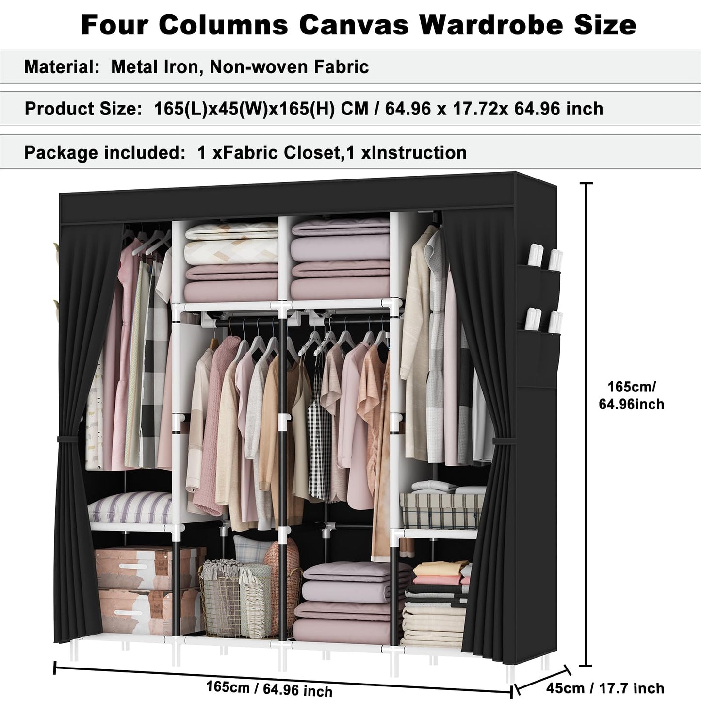 OPPAIYA Extra Large Canvas Wardrobe, Heavy Duty Triple Fabric Wardrobes for Bedroom,165 x 165 x 45 cm, 4 Hanging Rails, 4 Compartments