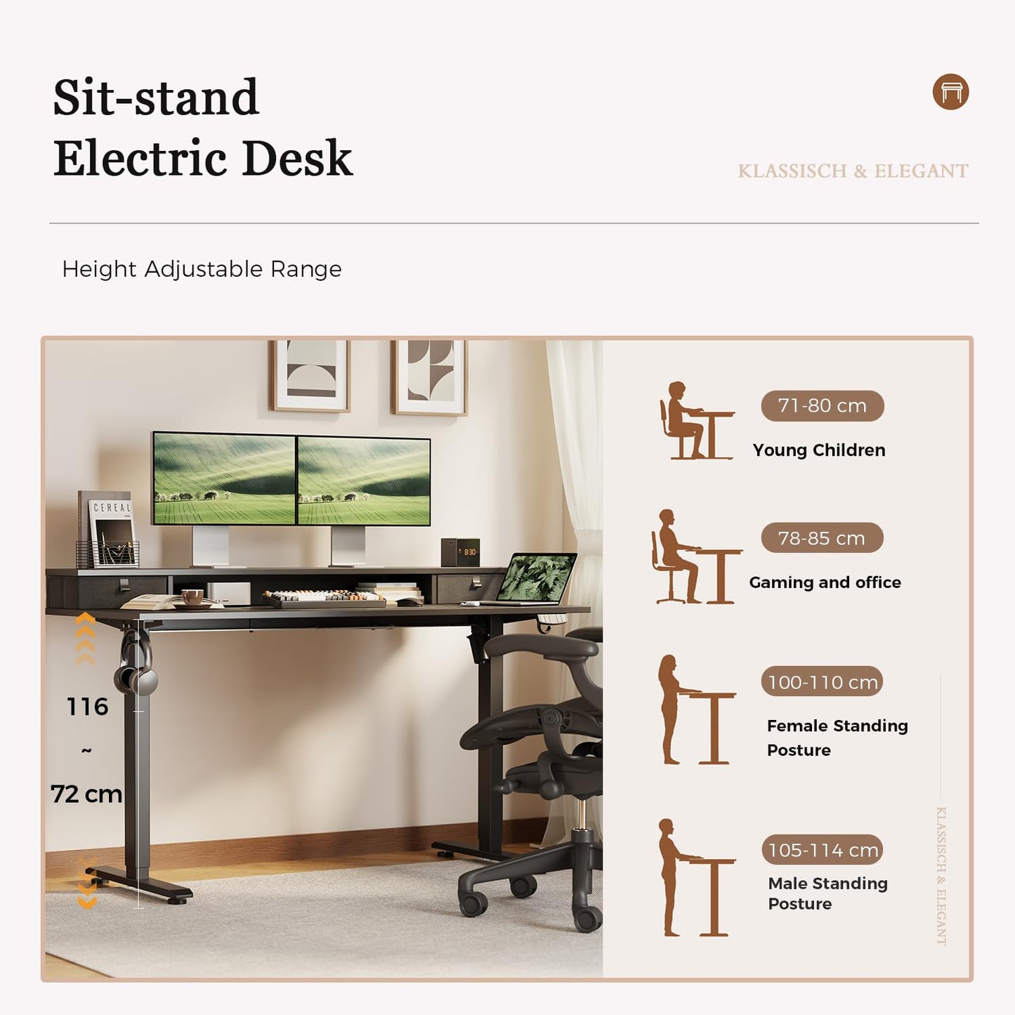 Klicelor Electric Height Adjustable Desk, with 2 Fabric Drawers, 120x60cm