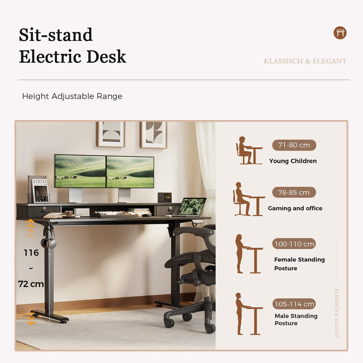 Klicelor Electric Height Adjustable Desk, with 2 Fabric Drawers, 160x60cm