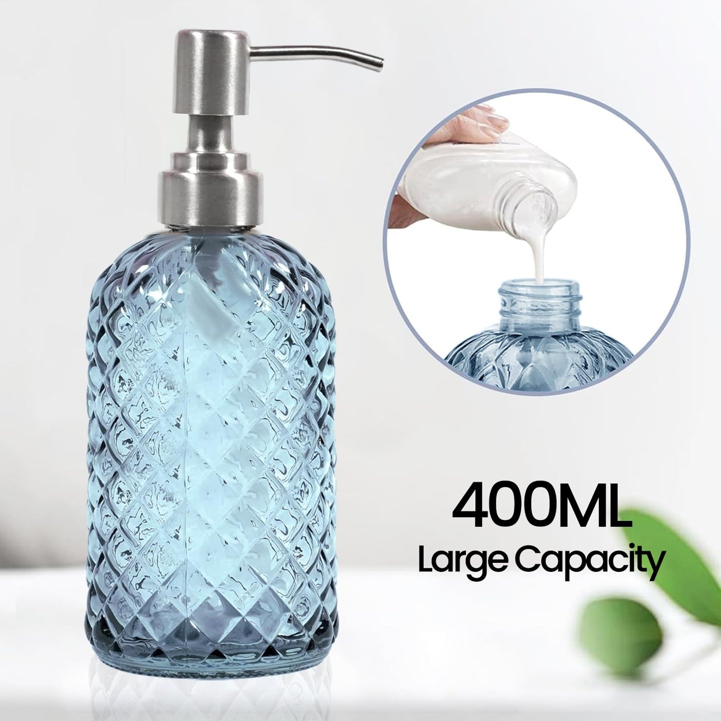 BAOWUABJ Glass Soap Dispenser with Stainless Steel Pump, 400ml, Blue
