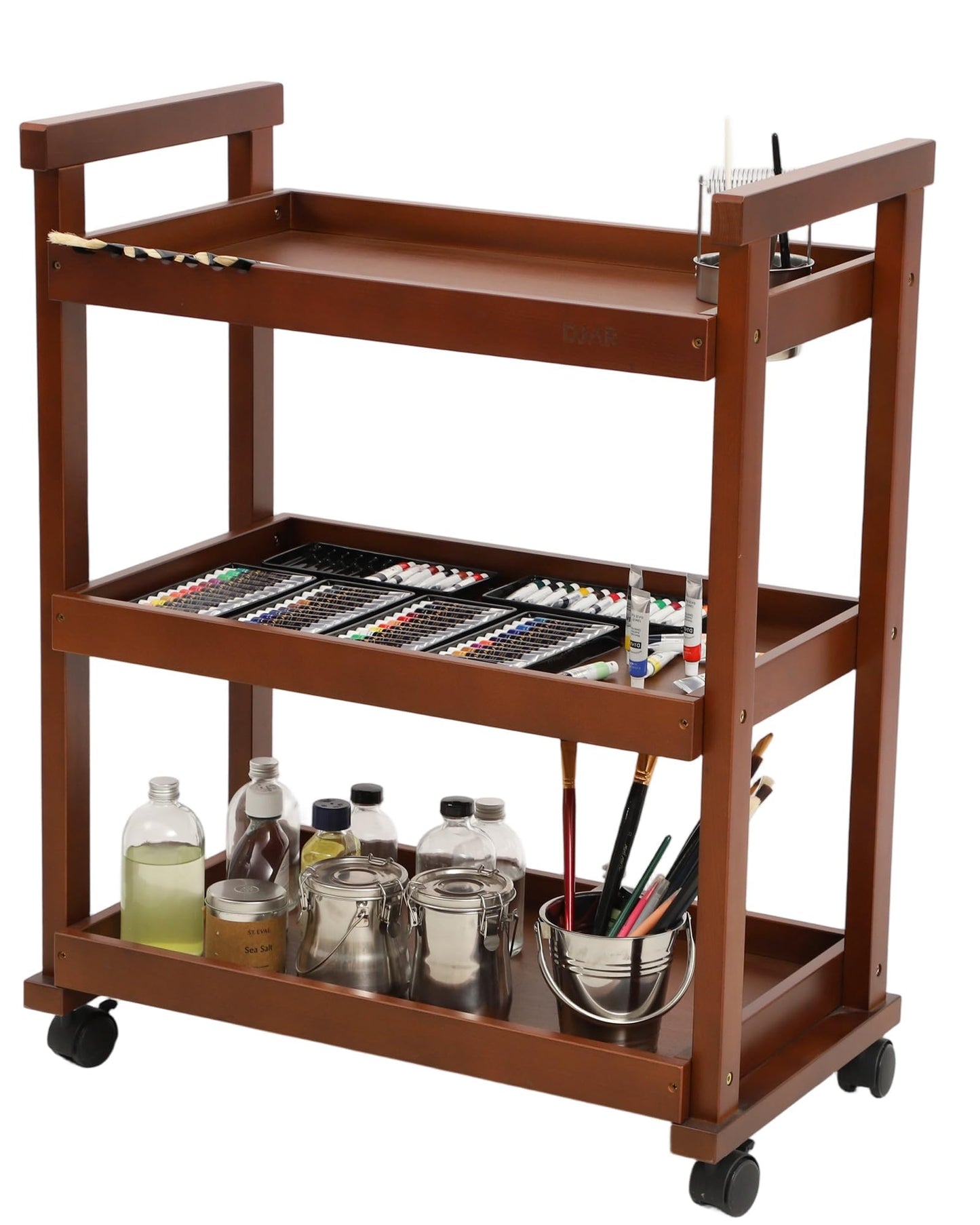 DJAR Rolling Art Cart with Silicone Pad, Solid Beech Wood Utility Cart with Caster Wheels, for Adults, Artists (Walnut, Basic)