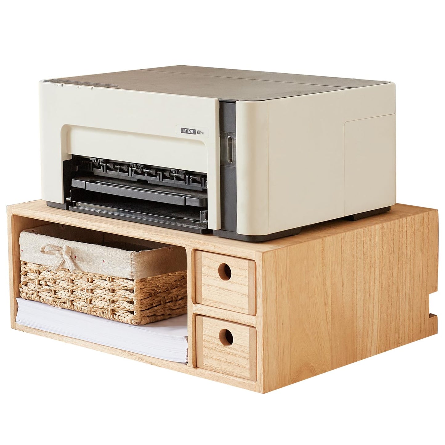 KIRIGEN Solid Wood Printer Stand with 2 Drawers & Open Compartment, Desk Tidy Organizer for A4 Paper, Office Supplies & Power Strip Storage