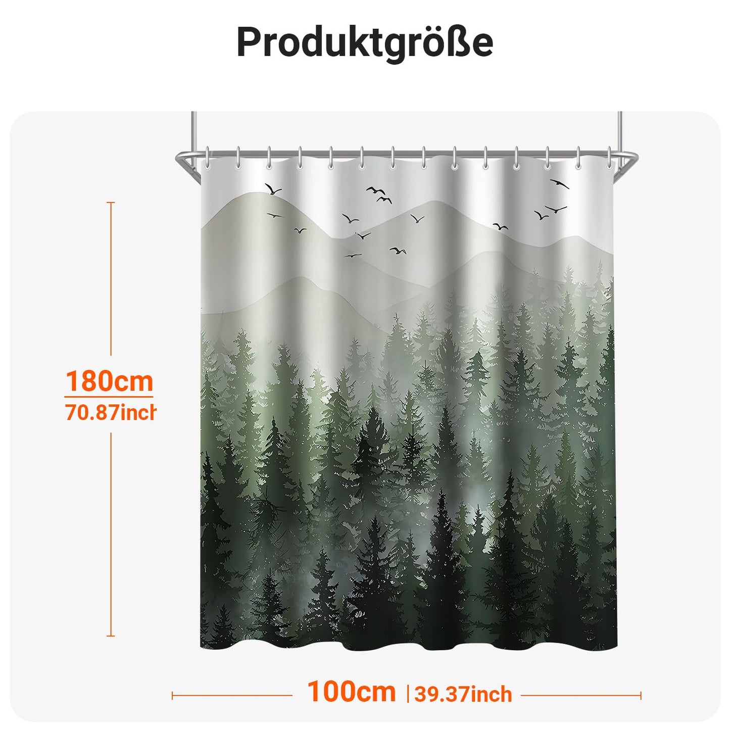 Lerores Shower Curtain, 100 x 180 cm, Forest Anti-Mould Textile, Weighted Hem Water-Repellent