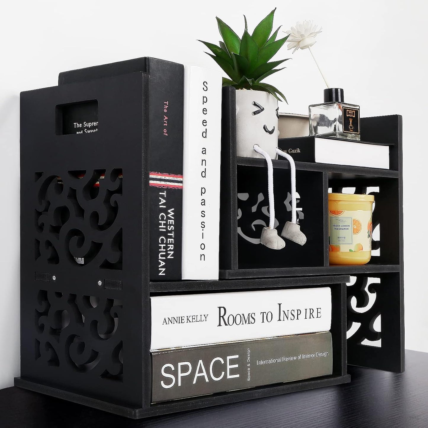 DoToGo Desk Shelf Organizer, Deskop Bookshelf for Small Space Adjustable Expendable for Office, Home, Kitchen (black-gc-lk)