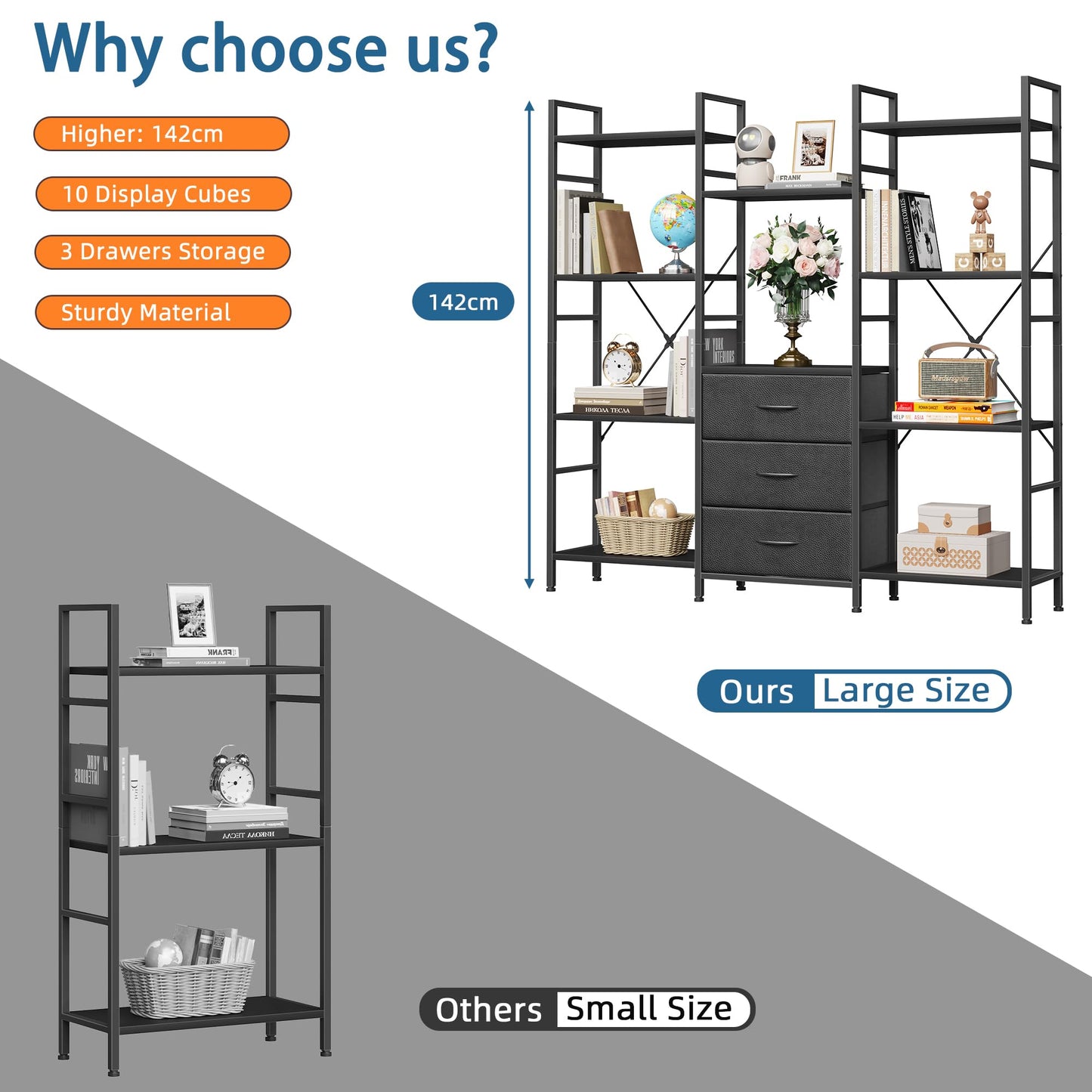 OYRREU 4-Tier Bookcase with Drawers, 120cm Wide Black Shelving Unit
