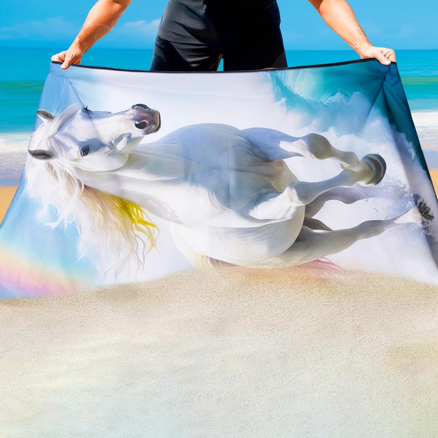 Violetpos Rainbow Mane White Horse Beach Towel, Extra Large 180x90 cm 250GSM Microfibre, Sand Free Quick Dry