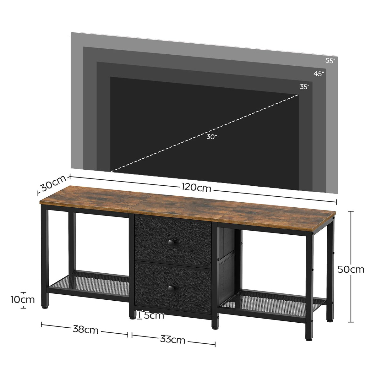YATINEY TV Stand Cabinet for TVs up to 55'', Media Console with Shelves and 2 Drawers, Metal Frame, for Living Room, Bedroom, 120 x 30 x 50 cm