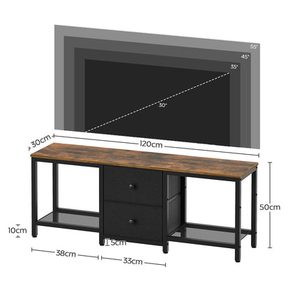 YATINEY TV Stand Cabinet for TVs up to 55'', Media Console with Shelves and 2 Drawers, Metal Frame, for Living Room, Bedroom, 120 x 30 x 50 cm