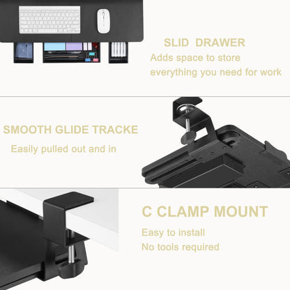 TECLUK Keyboard Tray Under Desk with Drawer,26.77" X 11.81" Keyboard Tray Large Size with C Clamp-on Mount, Easy to Install