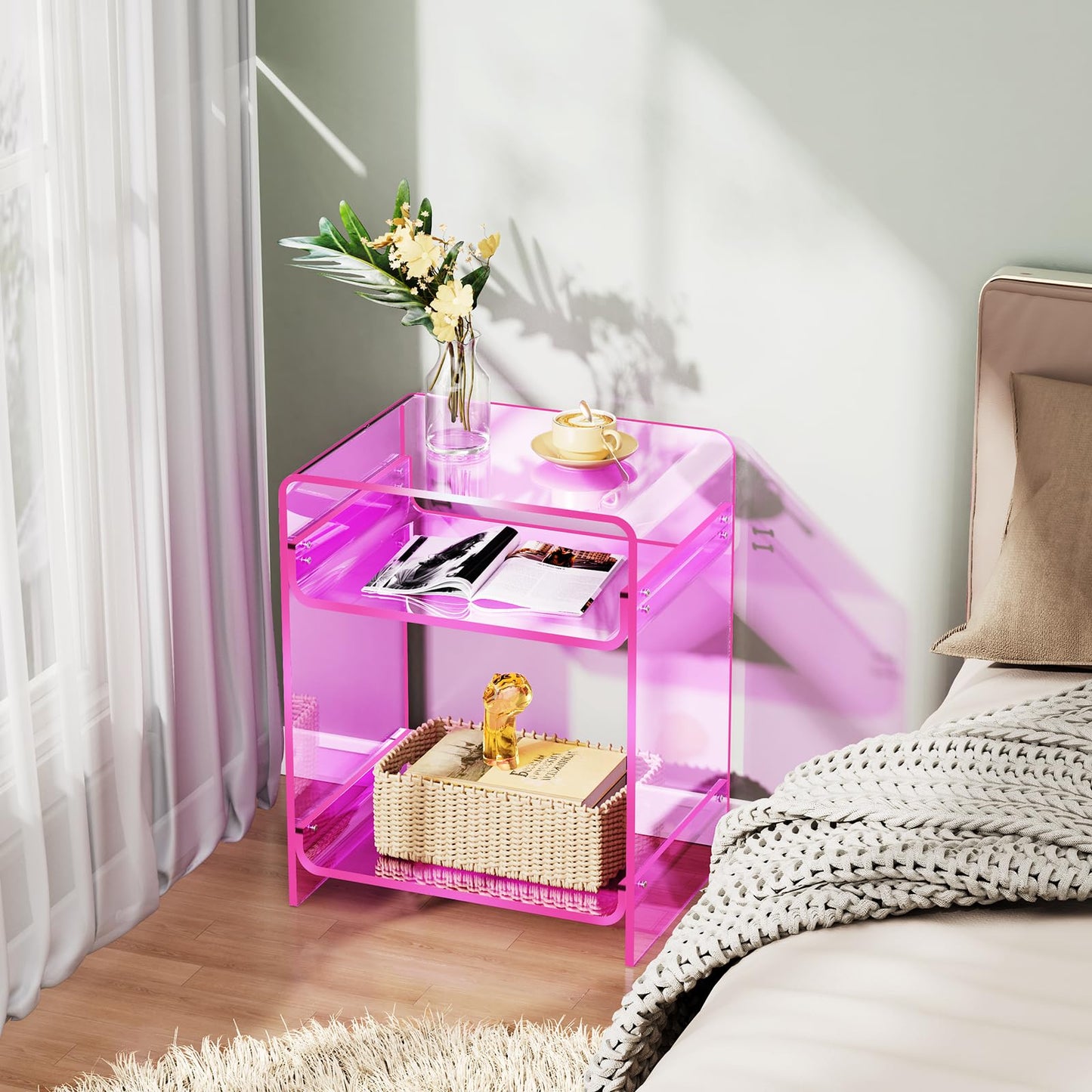 Acrylic End Table with Storage Shelf, Clear Side Table, Record Player Table, Nightstand, 15.7x19.7x11.8 (Pink, 40×30×50 cm)