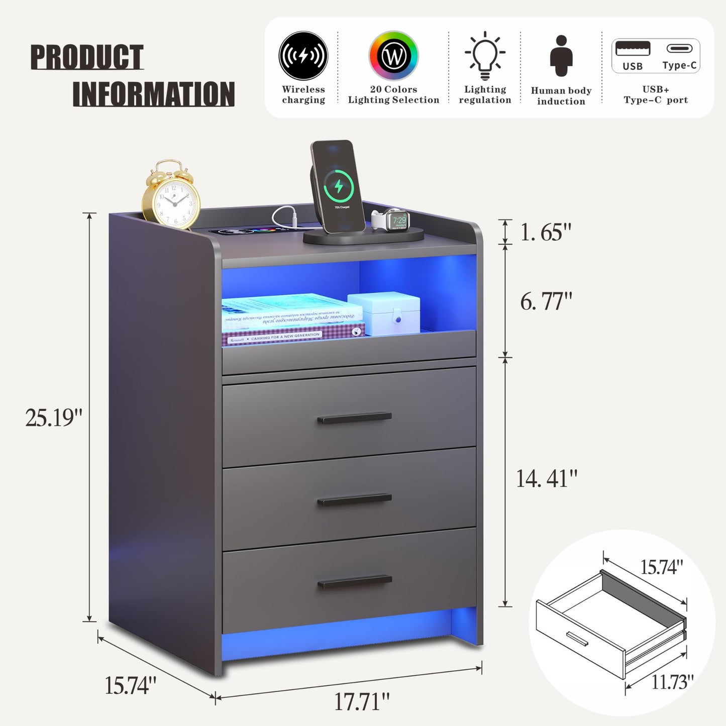 FREDEES Bedside Table with Charging Station and LED Lights, Grey