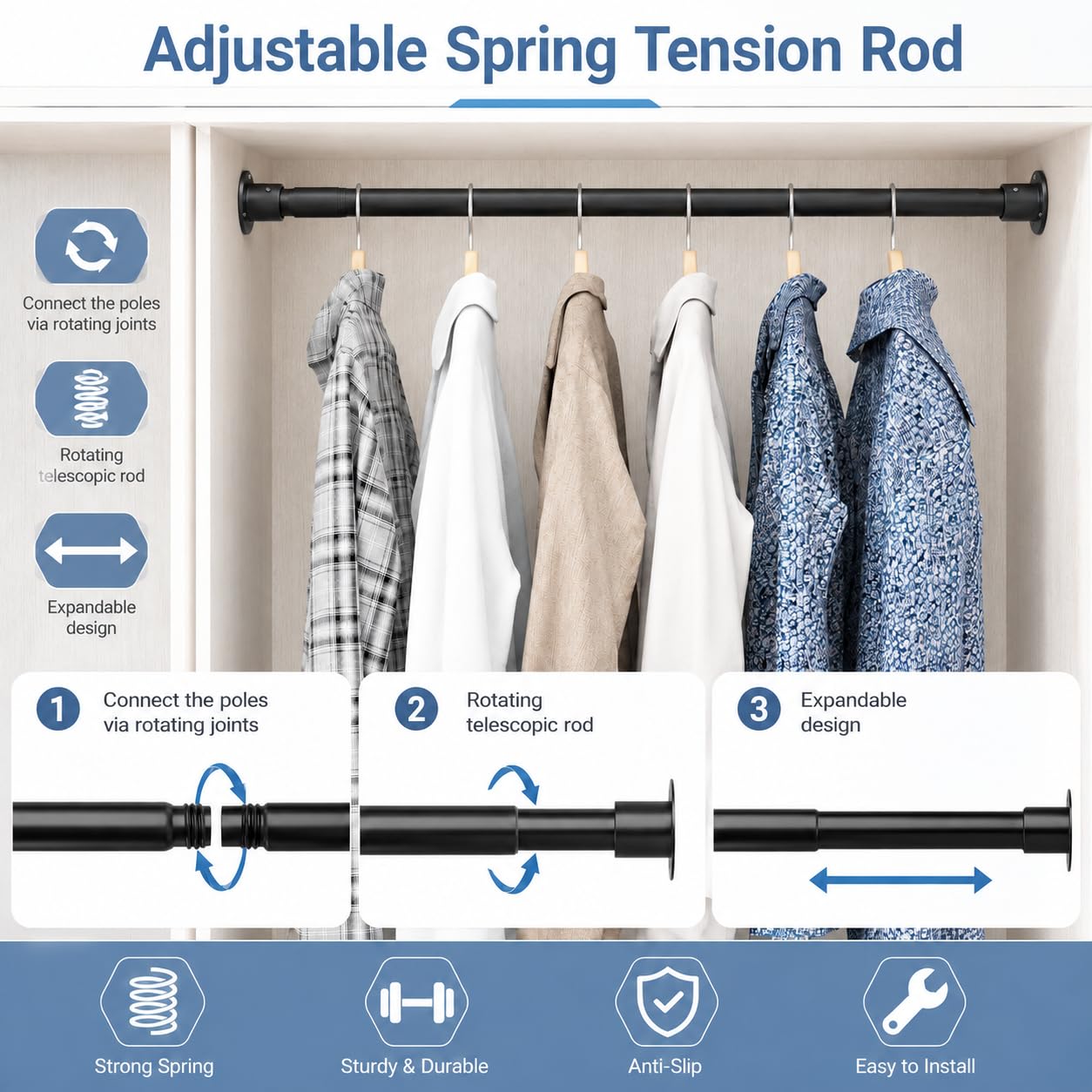 Wardrobe Rail, Heavy Duty Clothes Rod with End Sockets, Adjustable Hanging Rails for Clothes, Wardrobe and Bathroom, 85-270CM/Diameter 32MM, White