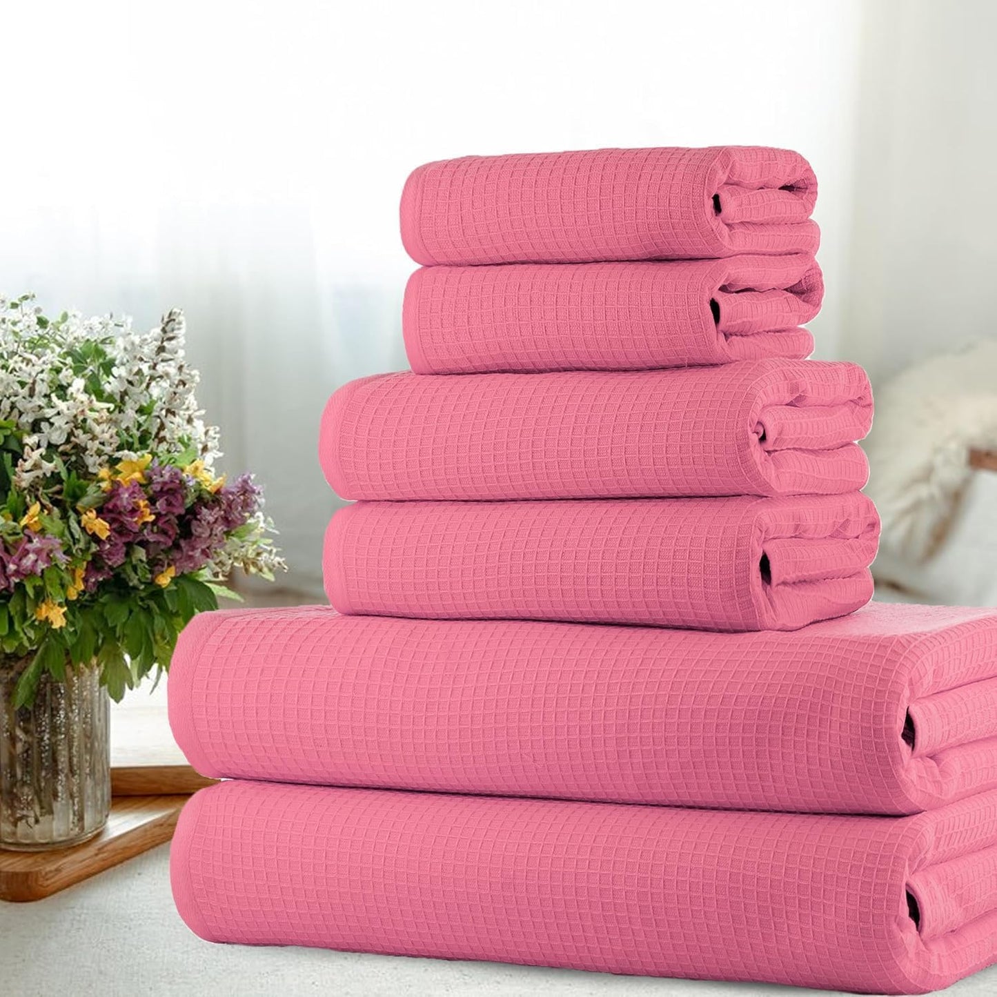 CASA COPENHAGEN Waffle Terry 6-piece set, cotton, extra large, luxurious, pink, 2 bath towels XL, 70 x 140 cm, 2 large hand towels, 50 x 80 cm
