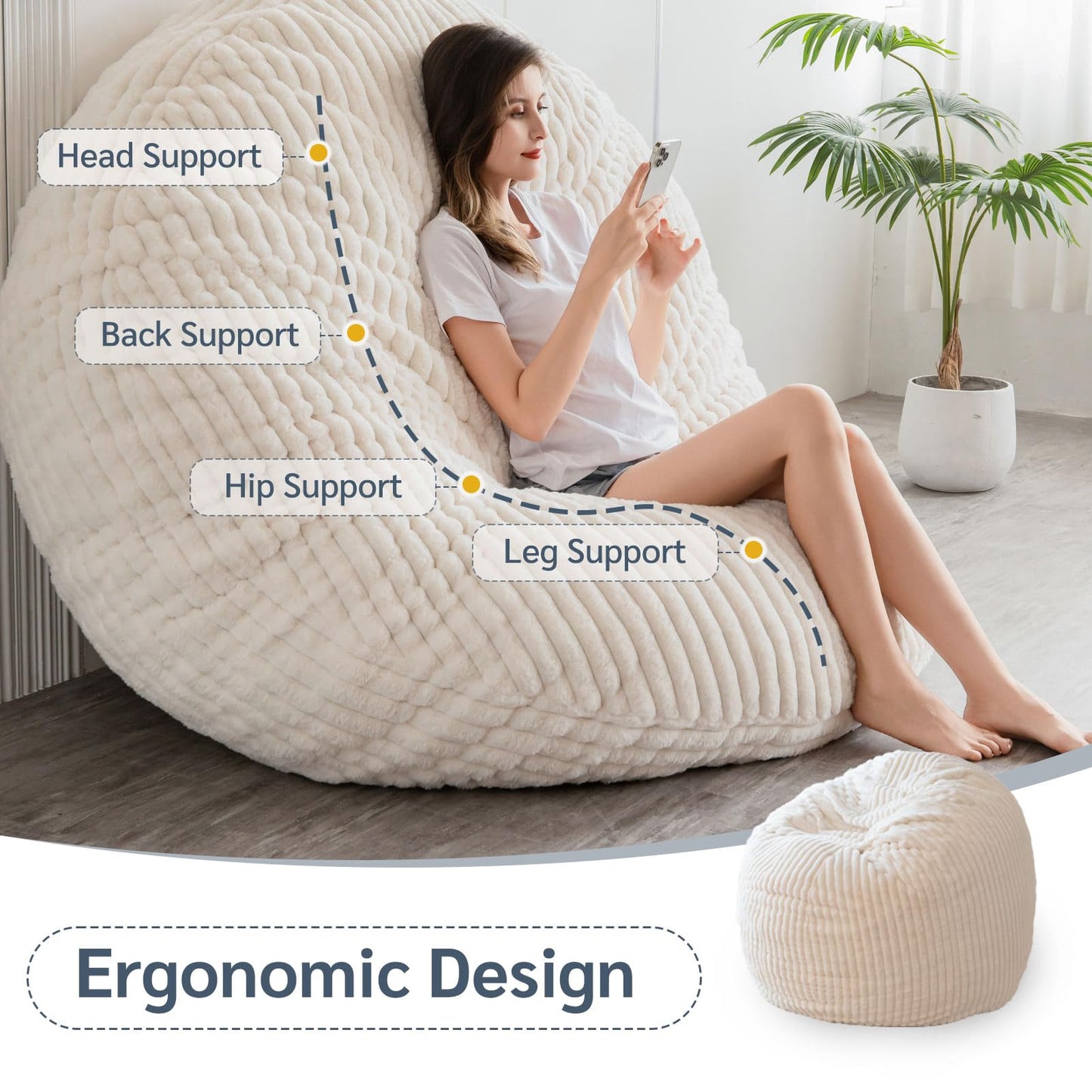 MAXYOYO Giant Bean Bag Bed - Square Bean Bag Chair - Large Sofa with Faux Fur Cover and Fluffy Filling Included for Adult, Couples, Guest