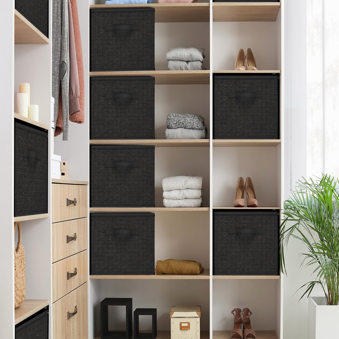 Nestl Cube Storage Bins, Foldable 6 Cube Storage Organizer Bins, Fabric Storage Cubes, Storage Basket with Handles, Black Closet Storage Bins