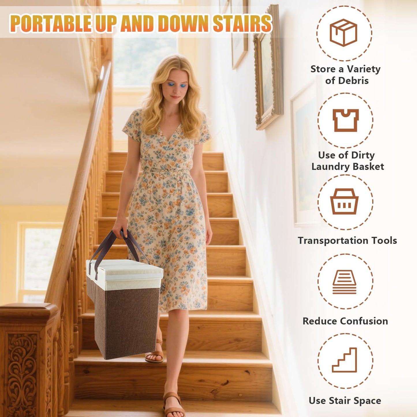 Ecopandy Flax Stairs Basket Non-slip, Foldable Stair Box for 8'' Stairs