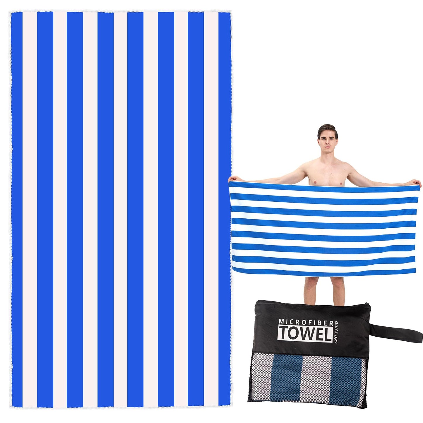 Large Quick Dry Microfibre Beach Towel 160x90cm, Double Sided Blue & White Striped Lightweight Travel Towel with Carry Bag