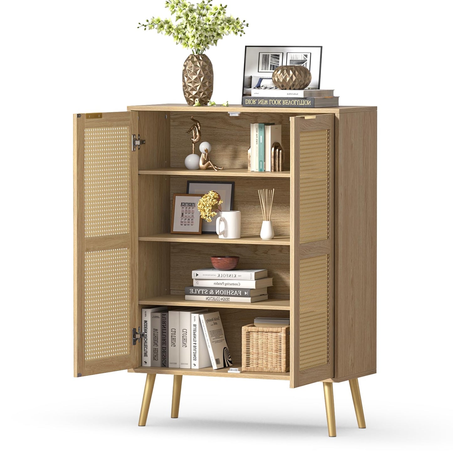 Yvsevnr Rattan Tall Sideboard for Living Room, Hallway Storage Cabinet with 3 Adjustable Shelf