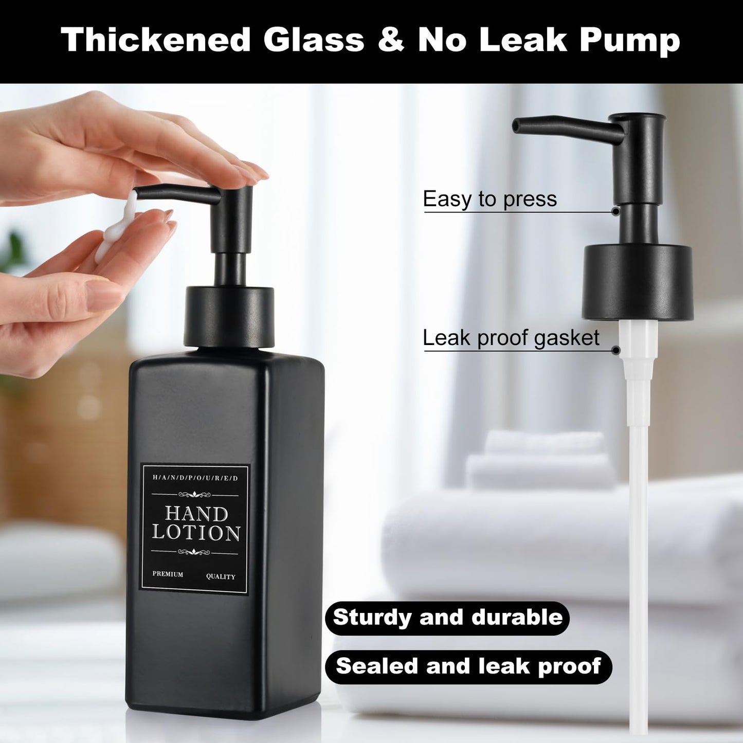 MirraSwit Black Glass Soap Dispenser with Tray, 350ML Square