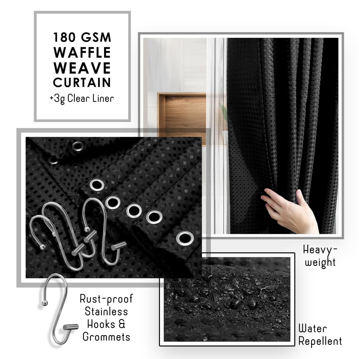 Clara Clark Bathroom Accessories Set - Bathroom Accessory Set with Shower Curtain Set, Toilet Brush, Trash Can & Soap Dispenser Black, Complete Set