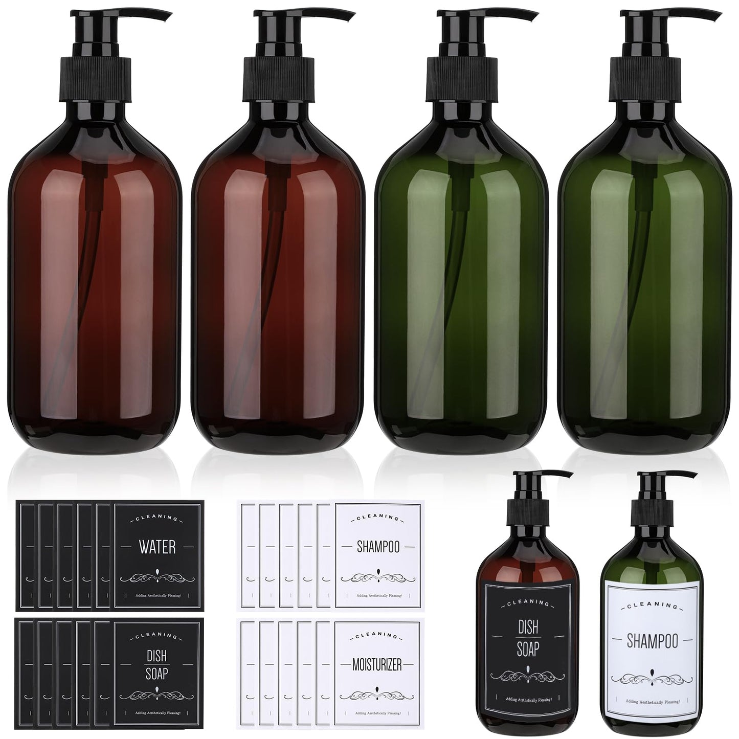 KroY PecoeD 4-Piece Pump Dispenser Set, 500ml Empty Plastic Soap Dispenser with Labels, Refillable Shampoo & Conditioner Bottles with Pump for Lotion