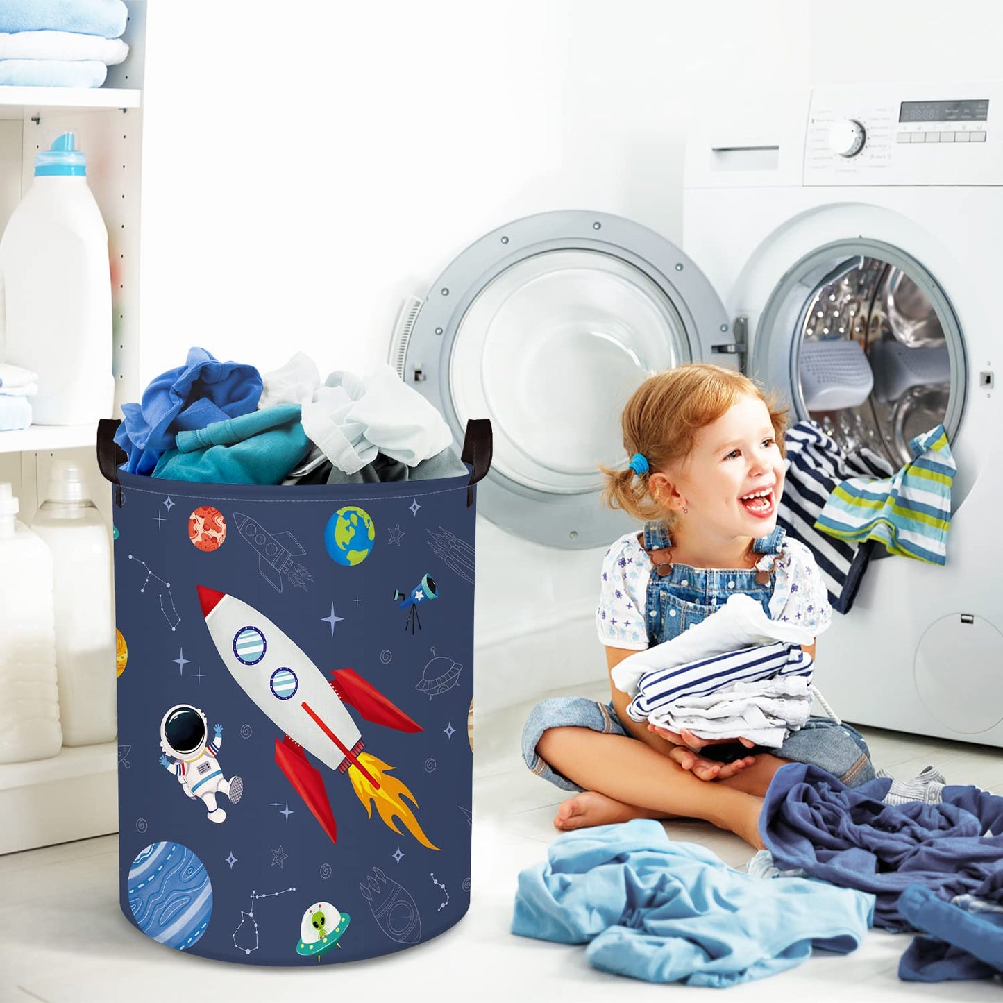 Clastyle Space Laundry Hamper Cosmic Book Storage Basket for Bathroom Parent Storage Box to Organize Toy Clothes, Rocket, 36x45 cm