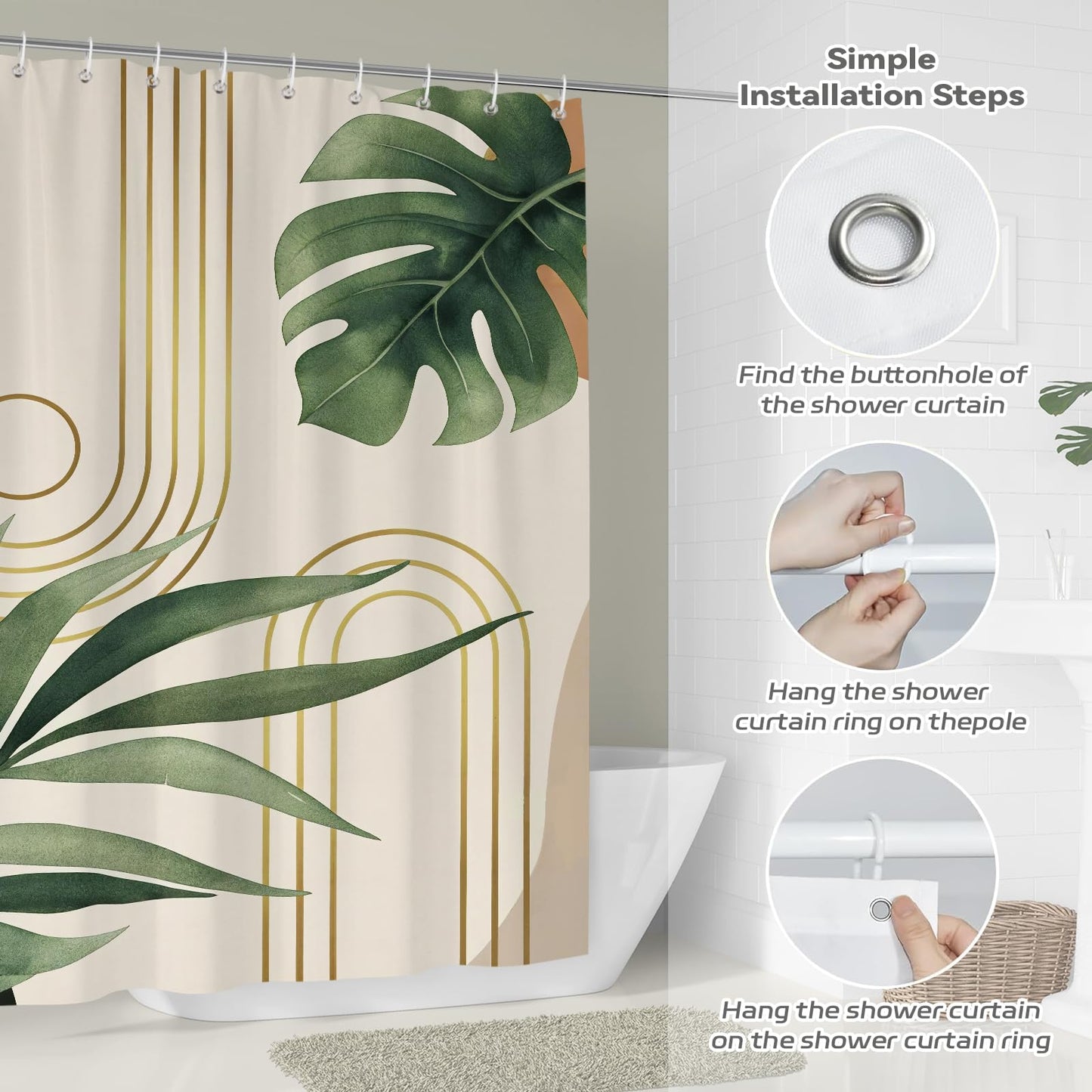 BREASOME Green Leaves Shower Curtain 180 x 180 cm Boho Tropical Leaves Shower Curtain for Bathroom Decor Mould Proof Waterproof Polyester Fabric Bath