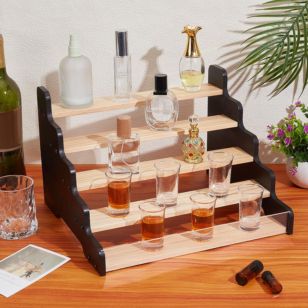 NBEADS 5-Tier Shot Glass Display Rack, Wooden Liquor Shelf with Acrylic Baffle Display Rack Shot Tiered Spice Rack Shot Glasses Holder for